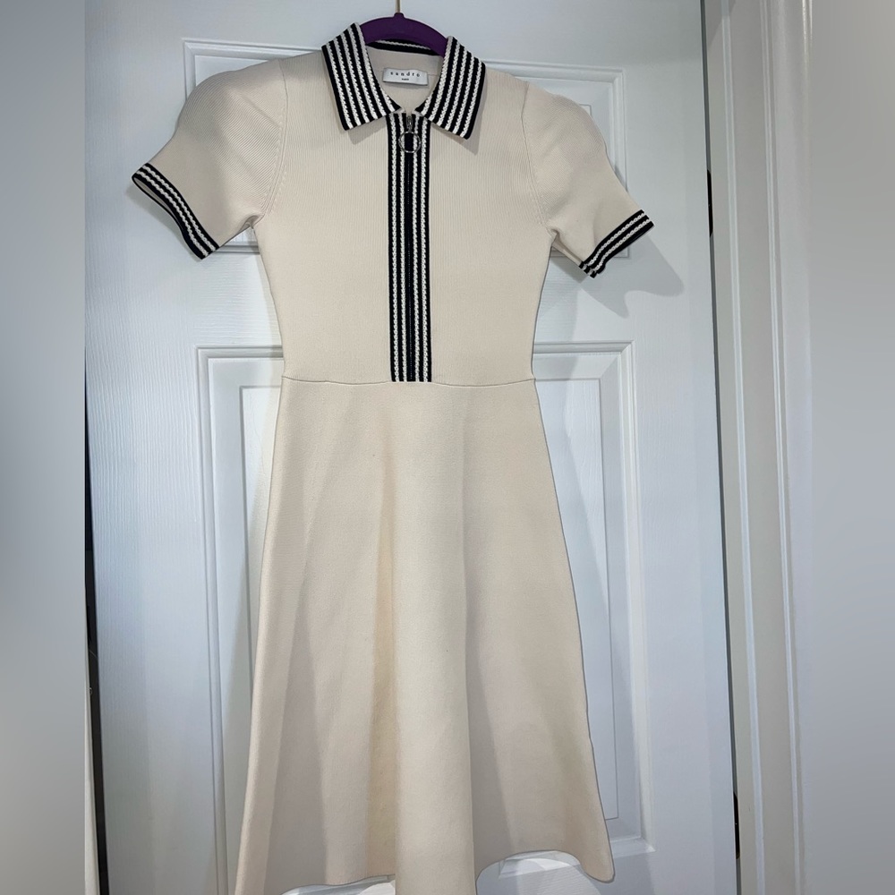 Sandro Cream Knit Polo Mini Dress with Black Trim - Picture 3 of 10